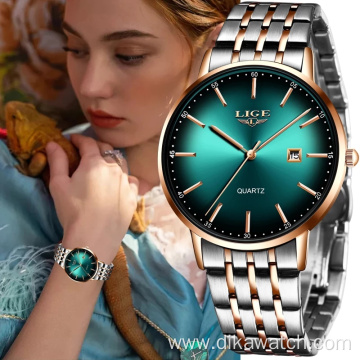 Unisex LIGE 10037 Luxury Ladies Watches Waterproof Rose Gold Steel Strap Top Brand Bracelet Clocks Relogio Hour Quartz Men Watch